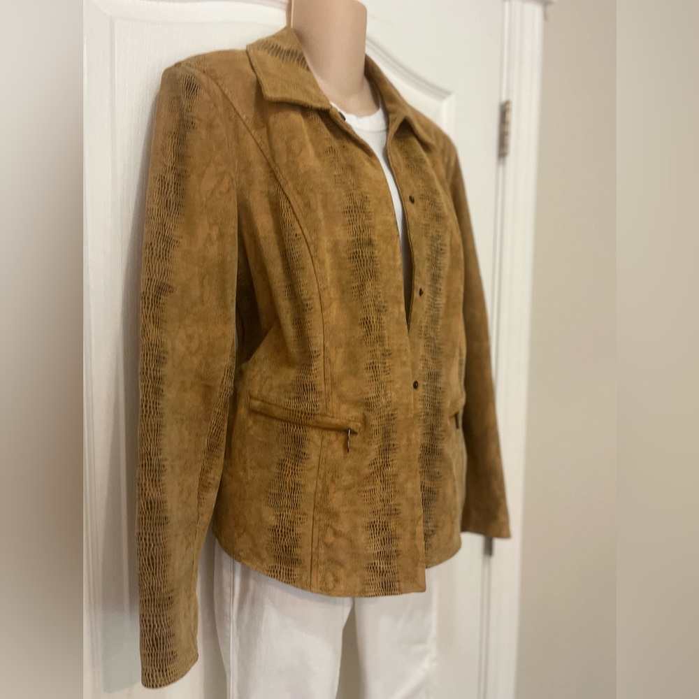 Bradley Bayou Caramel Tan Snakeskin Printed Suede Jacket, Size M, EUC